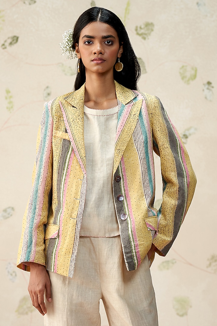 Multi-Colored Pure Linen Hand Block Printed Blazer by AAMRASS at Pernia's Pop Up Shop