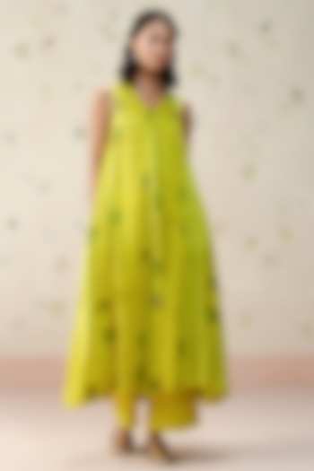 Neon Green Pure Linen Block Printed Tunic Set by AAMRASS at Pernia's Pop Up Shop