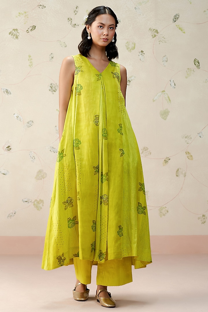 Neon Green Pure Linen Block Printed Tunic Set by AAMRASS at Pernia's Pop Up Shop