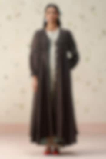 Ash Black Pure Linen Block Printed Overlay by AAMRASS at Pernia's Pop Up Shop