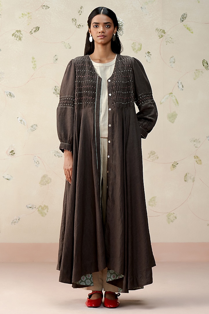 Ash Black Pure Linen Block Printed Overlay by AAMRASS at Pernia's Pop Up Shop