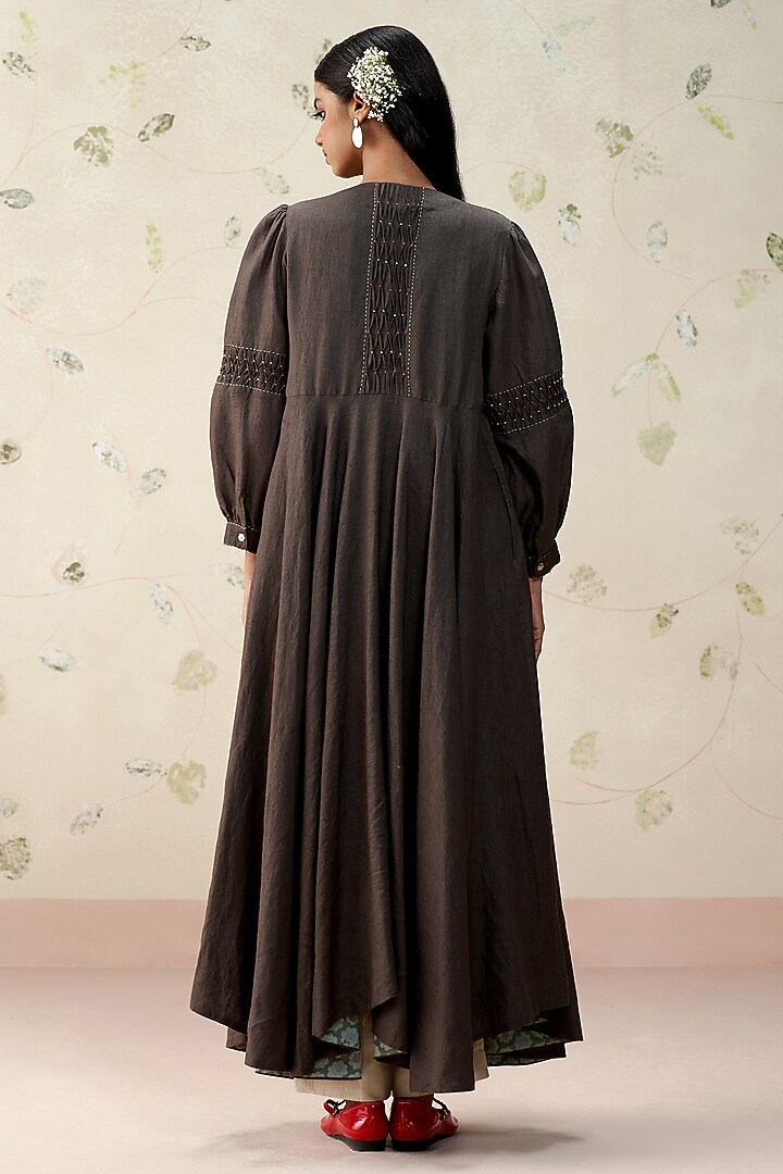Ash Black Pure Linen Block Printed Overlay by AAMRASS at Pernia's Pop Up Shop
