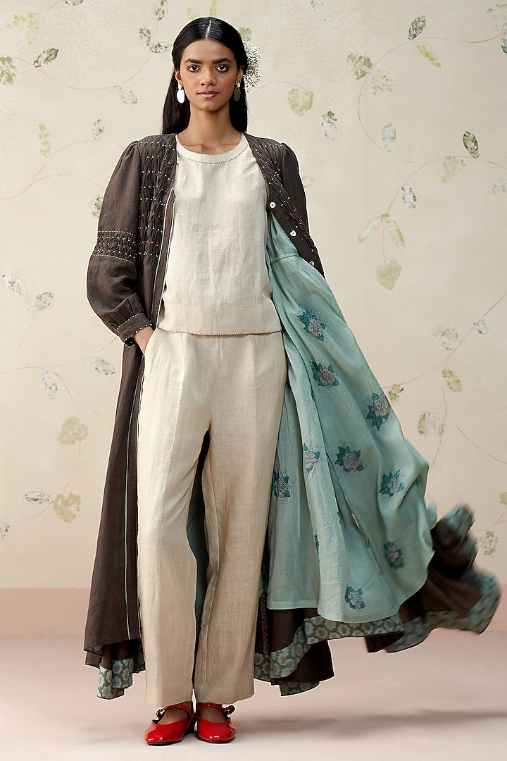 Ash Black Pure Linen Block Printed Overlay by AAMRASS at Pernia's Pop Up Shop
