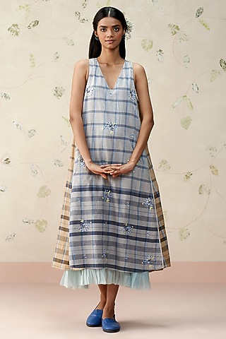 Blue & Grey Pure Linen Checkered Dress by AAMRASS