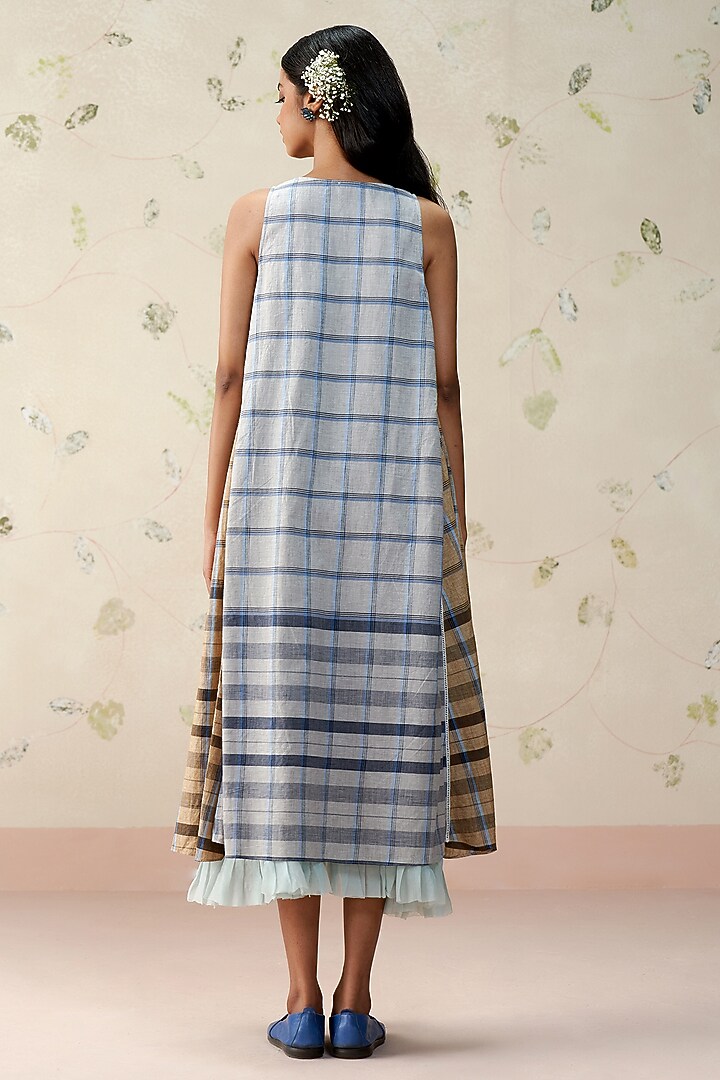 Blue & Grey Pure Linen Checkered Vacation Dress by AAMRASS at Pernia's Pop Up Shop