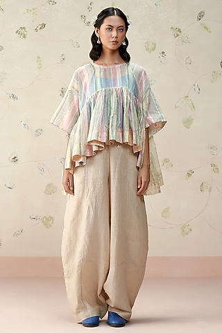 Multi-Colored Handwoven Mul Chanderi Stripe Printed Top by AAMRASS