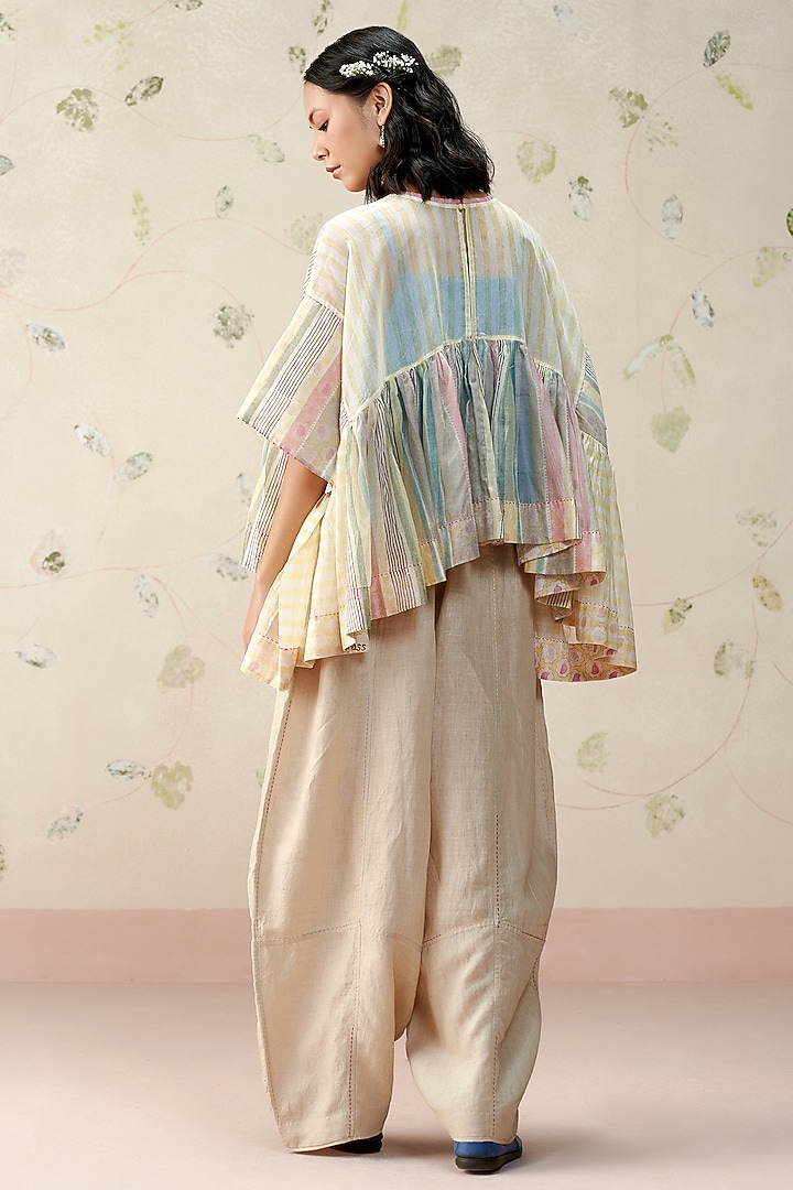 Multi-Colored Handwoven Mul Chanderi Stripe Printed Top by AAMRASS at Pernia's Pop Up Shop