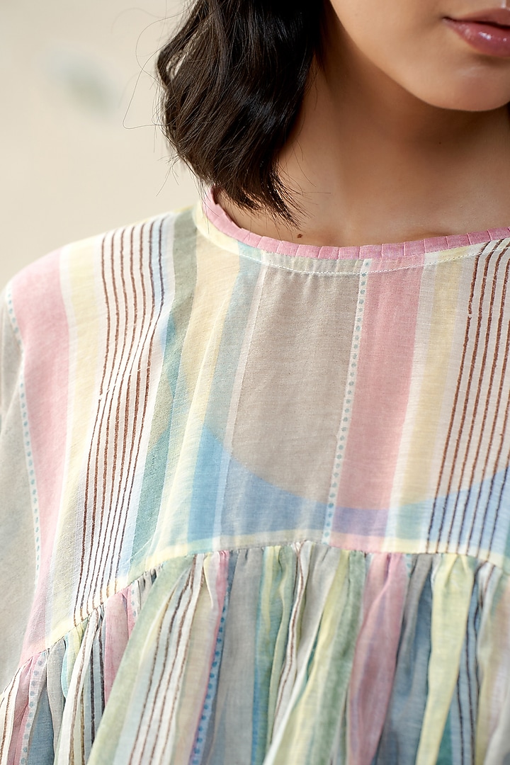 Multi-Colored Handwoven Mul Chanderi Stripe Printed Top by AAMRASS at Pernia's Pop Up Shop