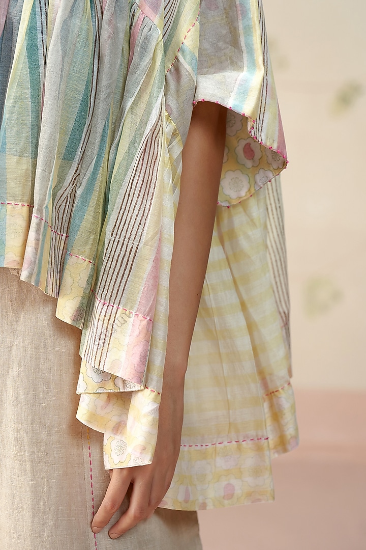 Multi-Colored Handwoven Mul Chanderi Stripe Printed Top by AAMRASS at Pernia's Pop Up Shop