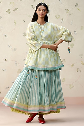 Blue Handwoven Mul Chanderi Checkered Printed Top by AAMRASS