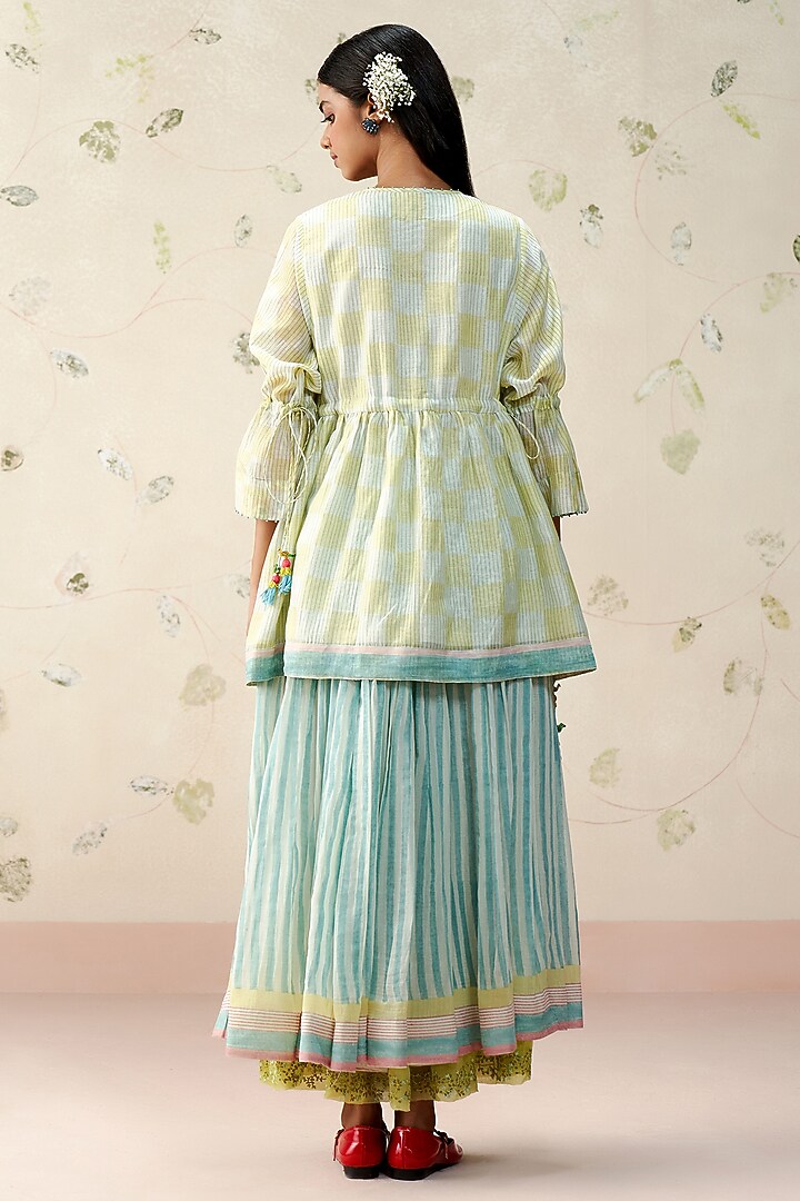 Blue Handwoven Mul Chanderi Checkered Printed Top by AAMRASS at Pernia's Pop Up Shop