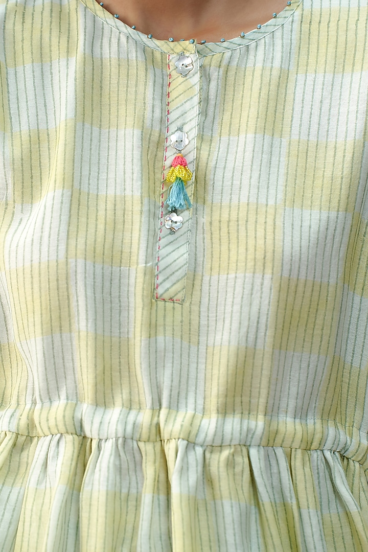 Blue Handwoven Mul Chanderi Checkered Printed Top by AAMRASS at Pernia's Pop Up Shop