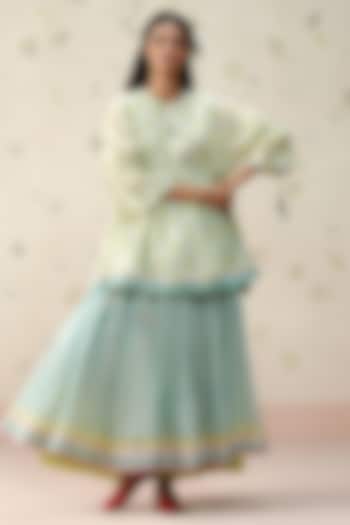 Blue Handwoven Chanderi Hand Block Printed Flared Skirt by AAMRASS at Pernia's Pop Up Shop