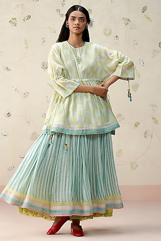 Blue Handwoven Chanderi Hand Block Printed Flared Skirt by AAMRASS
