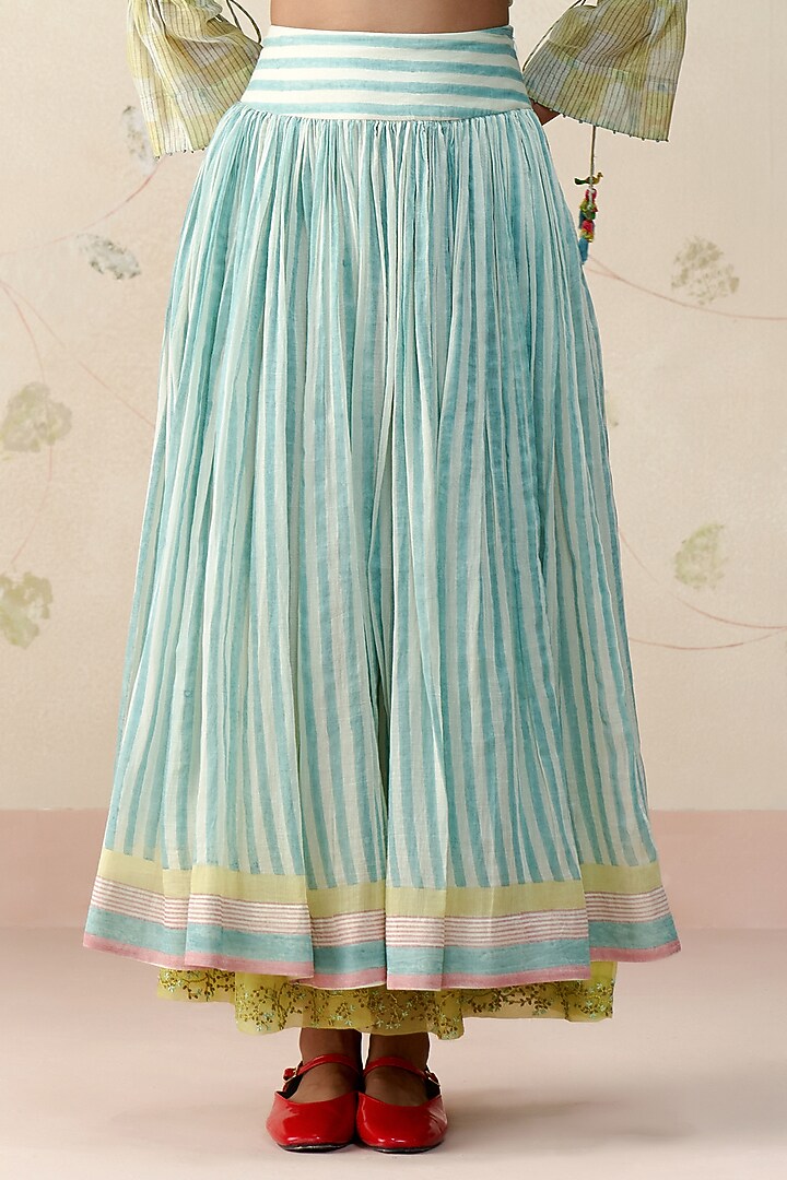 Blue Handwoven Chanderi Hand Block Printed Flared Skirt by AAMRASS at Pernia's Pop Up Shop