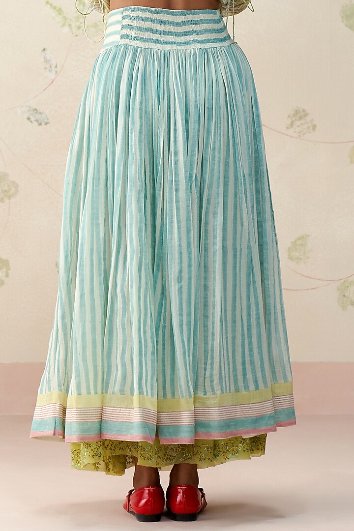 Blue Handwoven Chanderi Hand Block Printed Flared Skirt by AAMRASS at Pernia's Pop Up Shop
