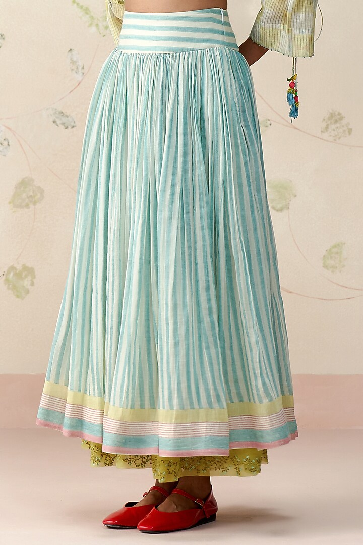 Blue Handwoven Chanderi Hand Block Printed Flared Skirt by AAMRASS at Pernia's Pop Up Shop
