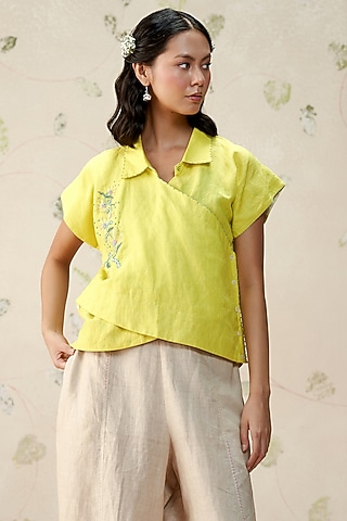 Neon Green Pure Linen Hand Embroidered Top by AAMRASS