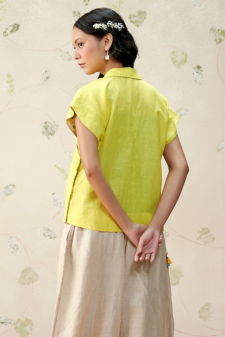 Neon Green Pure Linen Hand Embroidered Top by AAMRASS at Pernia's Pop Up Shop