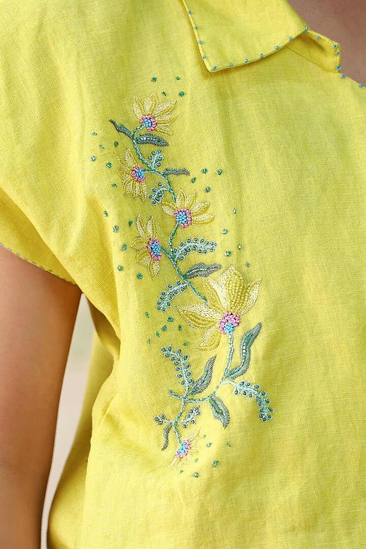 Neon Green Pure Linen Hand Embroidered Top by AAMRASS at Pernia's Pop Up Shop