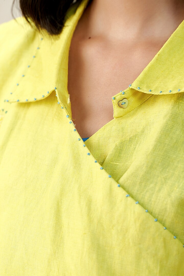 Neon Green Pure Linen Hand Embroidered Top by AAMRASS at Pernia's Pop Up Shop