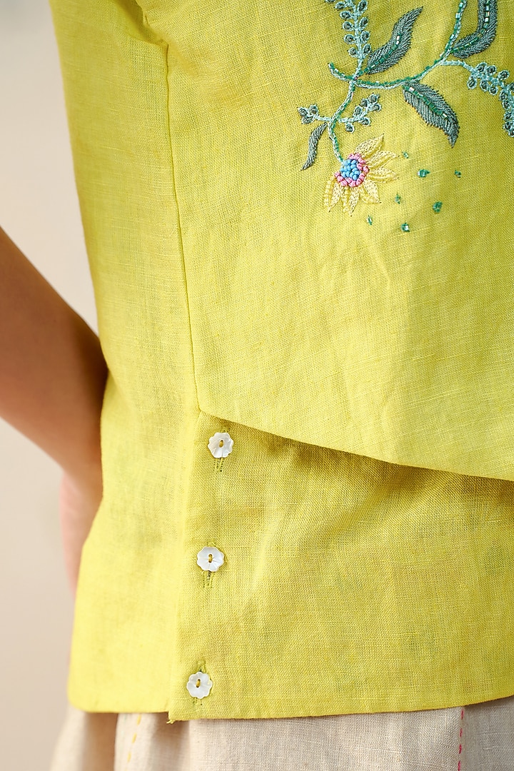 Neon Green Pure Linen Hand Embroidered Top by AAMRASS at Pernia's Pop Up Shop