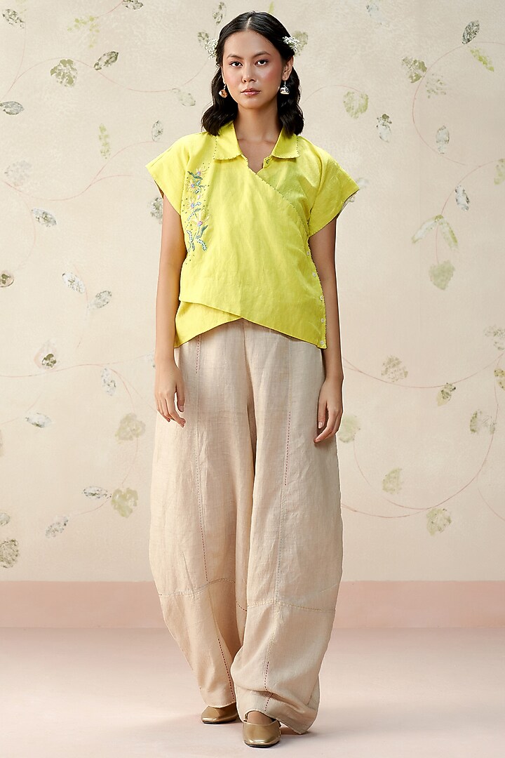 Neon Green Pure Linen Hand Embroidered Top by AAMRASS at Pernia's Pop Up Shop