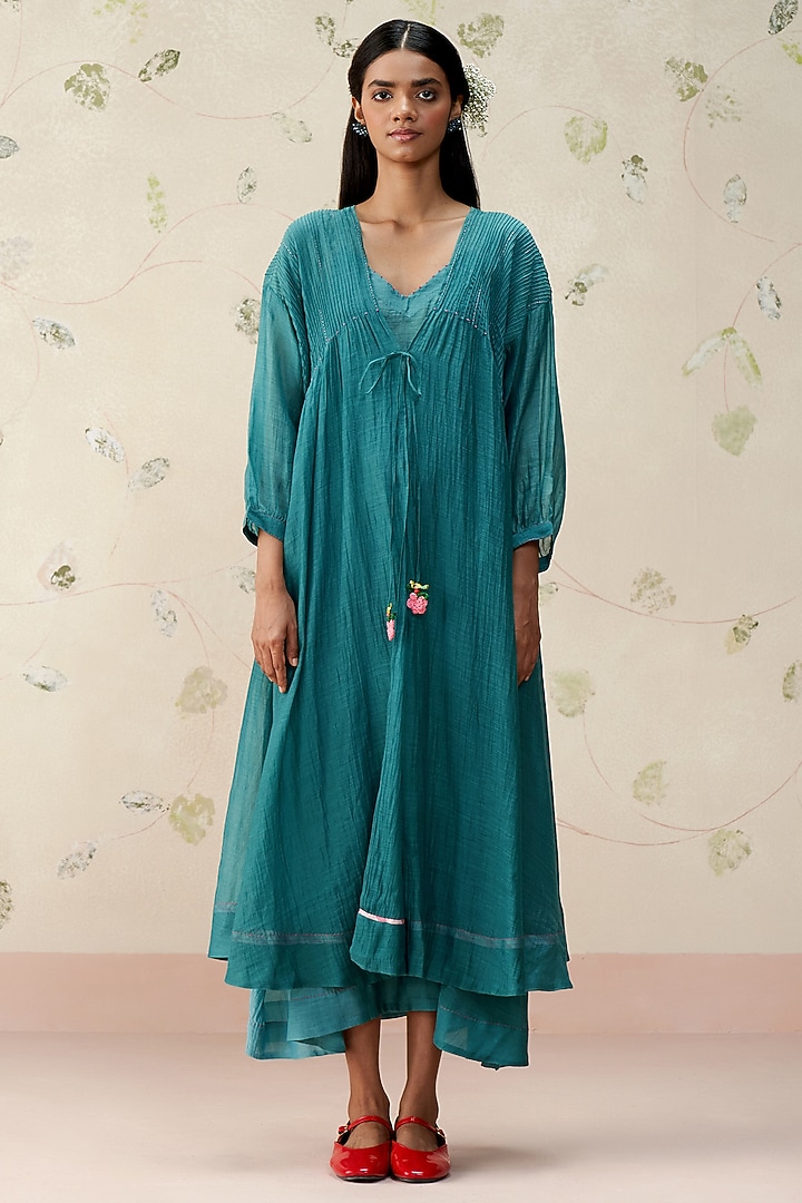 Turquoise Green Mul Chanderi Hand Embroidered Vacation Dress by AAMRASS at Pernia's Pop Up Shop