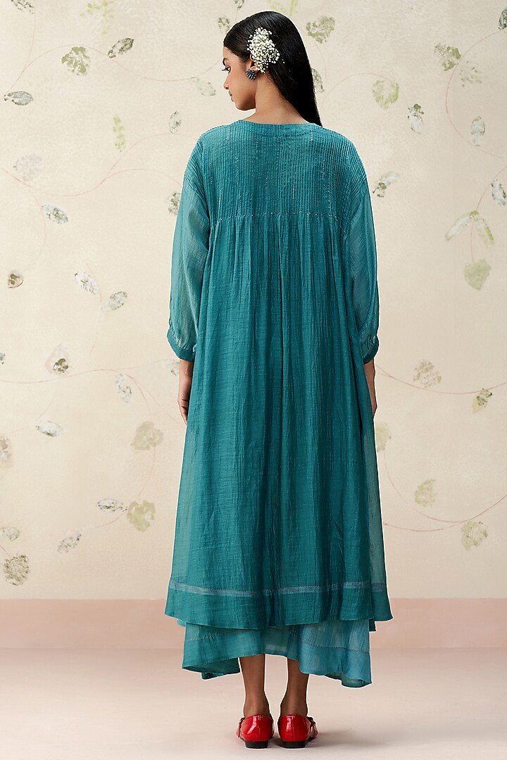 Turquoise Green Mul Chanderi Hand Embroidered Vacation Dress by AAMRASS at Pernia's Pop Up Shop
