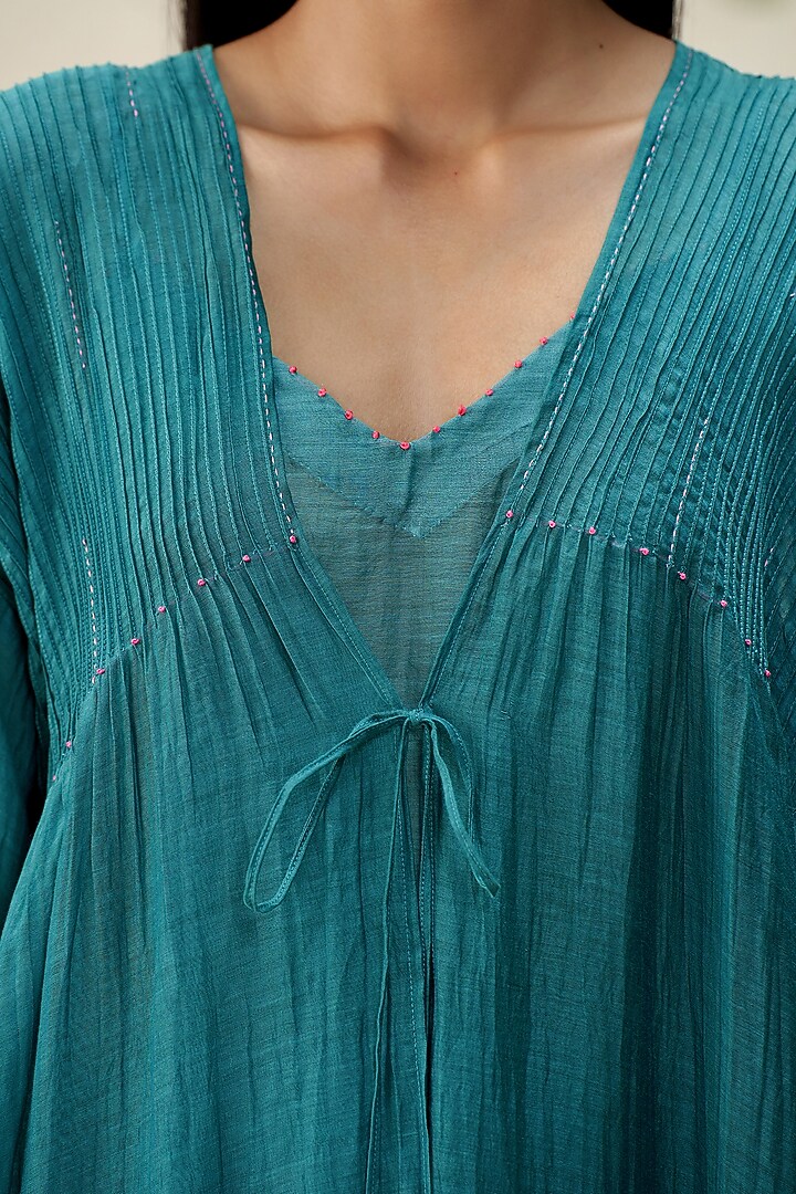 Turquoise Green Mul Chanderi Hand Embroidered Vacation Dress by AAMRASS at Pernia's Pop Up Shop