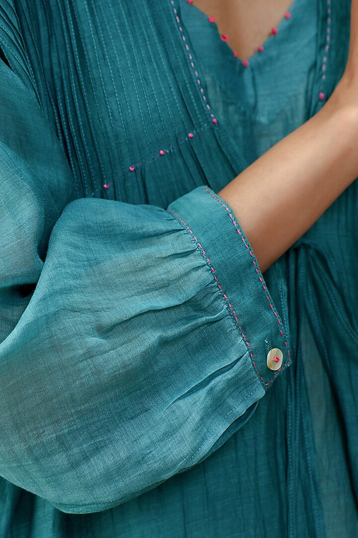 Turquoise Green Mul Chanderi Hand Embroidered Vacation Dress by AAMRASS at Pernia's Pop Up Shop