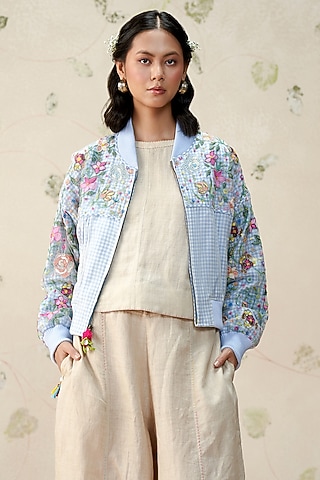 Blue & White Silk Organza Hand Embroidered Bomber Jacket by AAMRASS