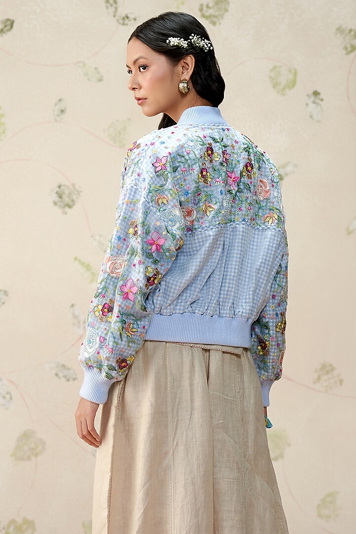 Blue & White Silk Organza Hand Embroidered Bomber Jacket by AAMRASS at Pernia's Pop Up Shop