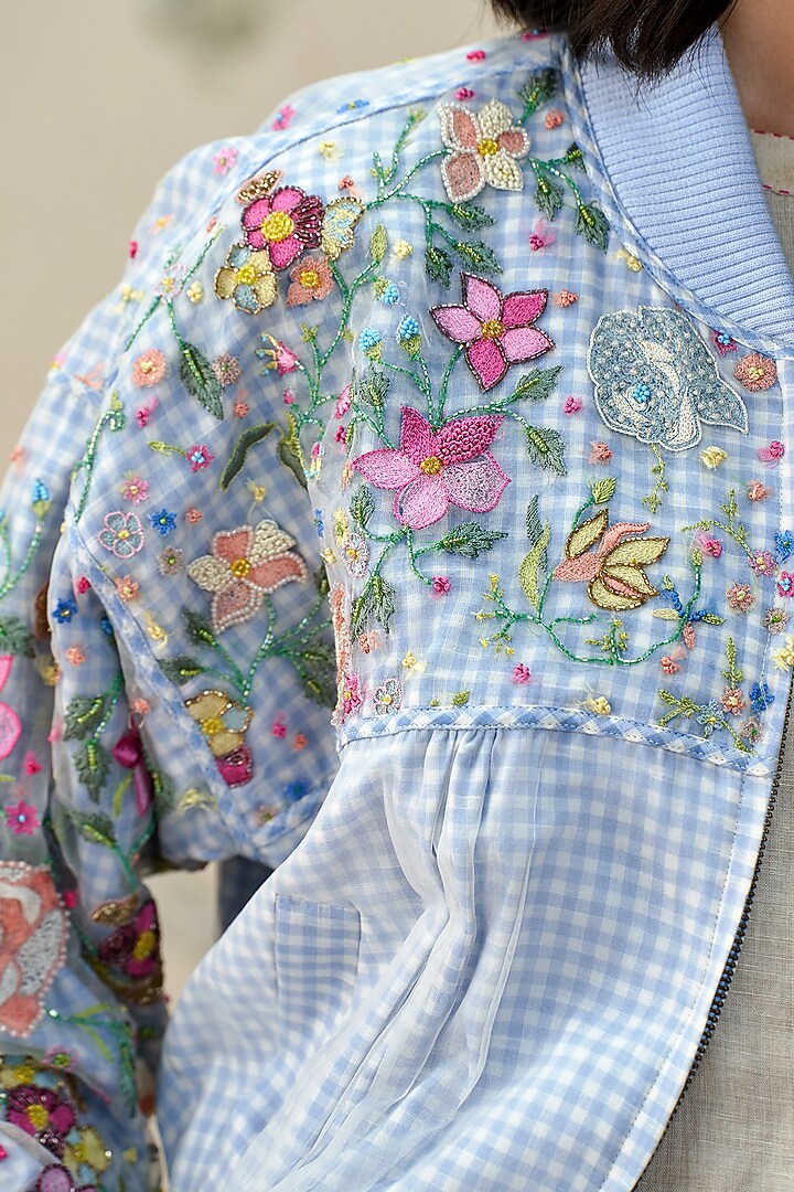 Blue & White Silk Organza Hand Embroidered Bomber Jacket by AAMRASS at Pernia's Pop Up Shop