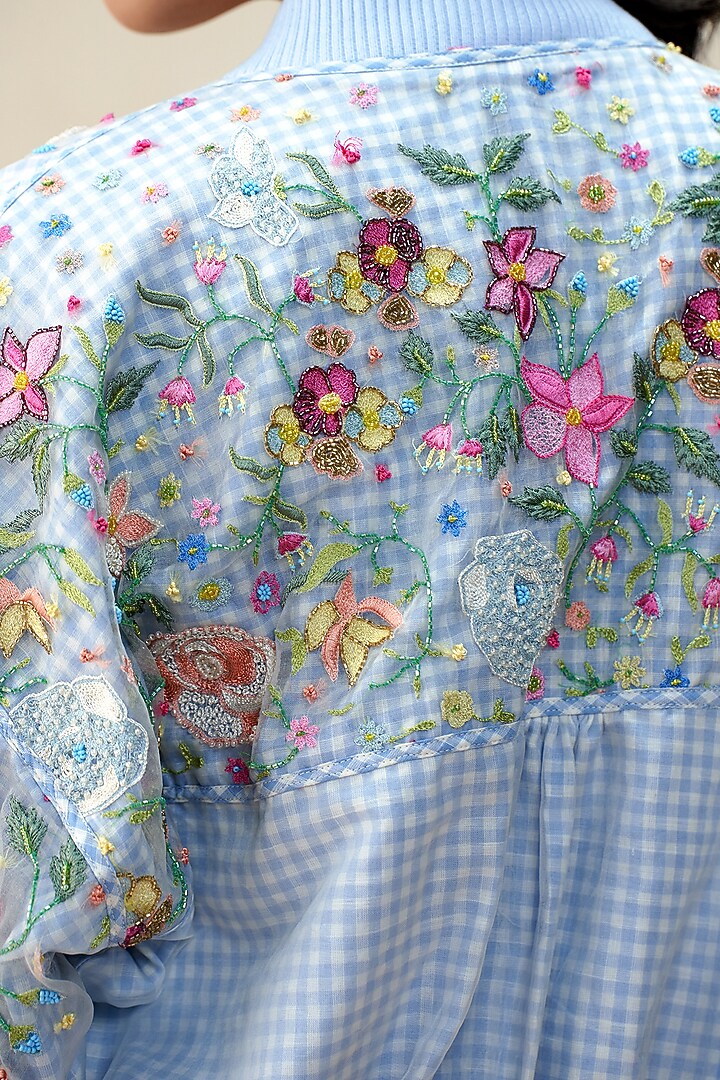 Blue & White Silk Organza Hand Embroidered Bomber Jacket by AAMRASS at Pernia's Pop Up Shop