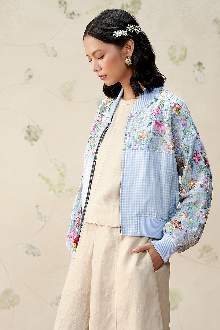Blue & White Silk Organza Hand Embroidered Bomber Jacket by AAMRASS at Pernia's Pop Up Shop