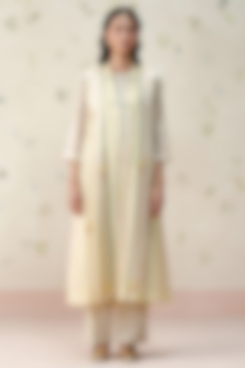 Yellow & Peach Chanderi Hand Block Printed Jacket by AAMRASS at Pernia's Pop Up Shop