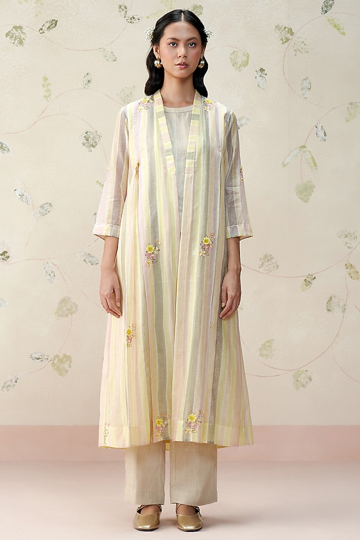 Yellow & Peach Chanderi Hand Block Printed Jacket by AAMRASS at Pernia's Pop Up Shop