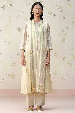 Yellow & Peach Chanderi Hand Block Printed Jacket by AAMRASS