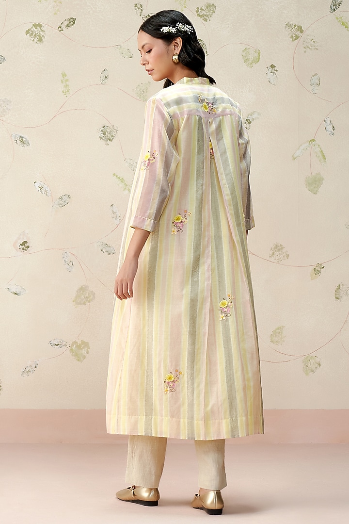 Yellow & Peach Chanderi Hand Block Printed Jacket by AAMRASS at Pernia's Pop Up Shop
