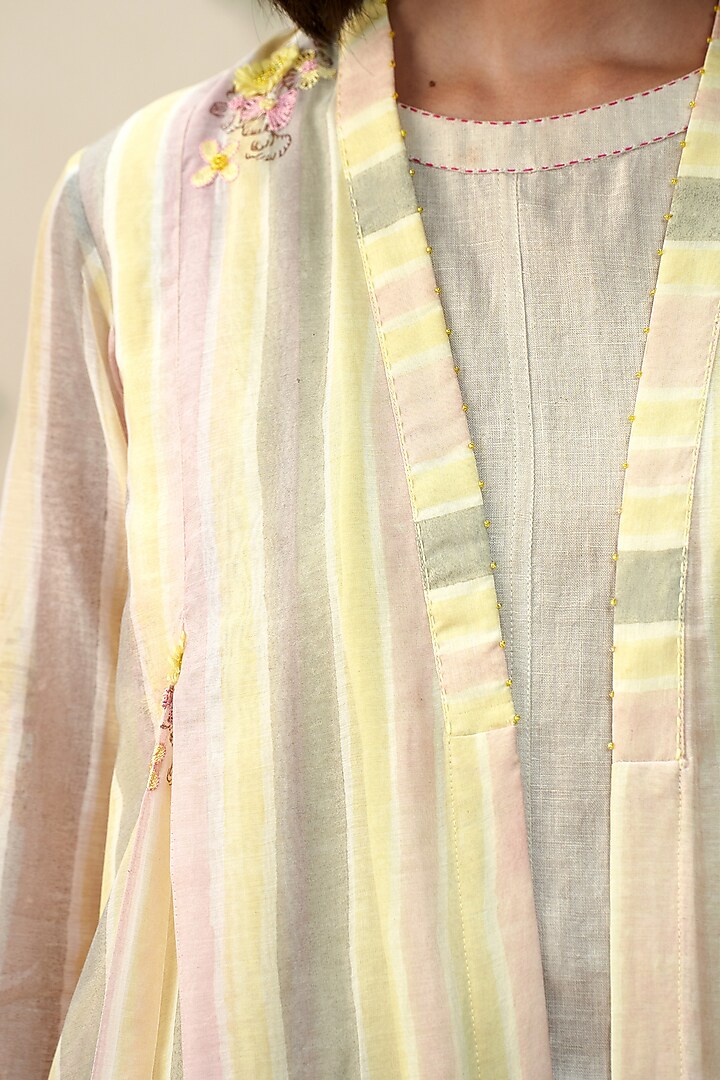 Yellow & Peach Chanderi Hand Block Printed Jacket by AAMRASS at Pernia's Pop Up Shop