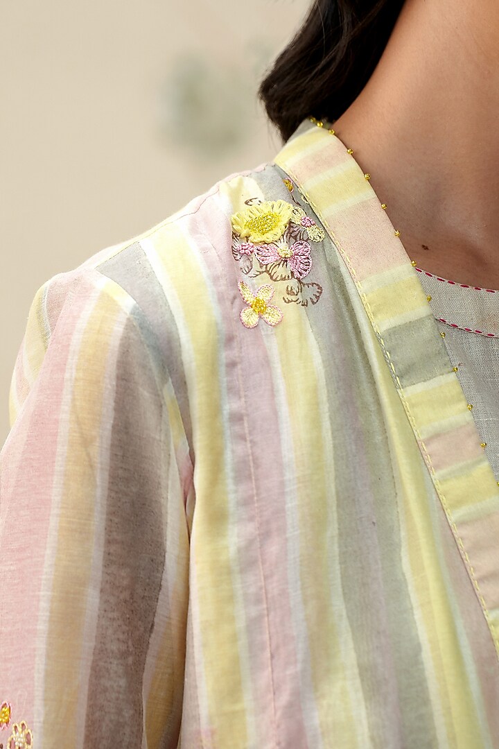 Yellow & Peach Chanderi Hand Block Printed Jacket by AAMRASS at Pernia's Pop Up Shop
