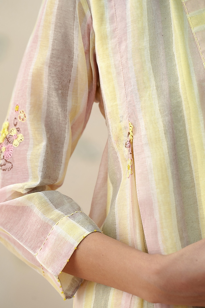 Yellow & Peach Chanderi Hand Block Printed Jacket by AAMRASS at Pernia's Pop Up Shop
