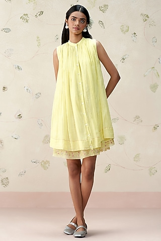 Butter Yellow Mul Chanderi Embroidered Dress by AAMRASS