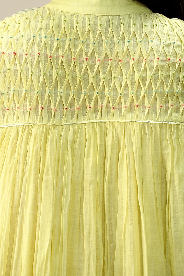 Butter Yellow Mul Chanderi Embroidered Vacation Dress by AAMRASS at Pernia's Pop Up Shop