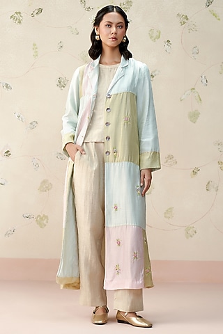 Multi-Colored Chanderi Hand Embroidered Jacket by AAMRASS