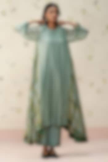 English Green Mul Chanderi Block Printed Kurta Set by AAMRASS at Pernia's Pop Up Shop