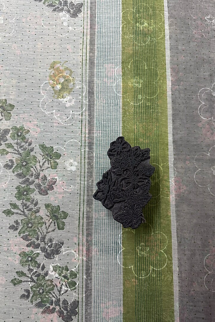 English Green Mul Chanderi Block Printed Dupatta by AAMRASS at Pernia's Pop Up Shop