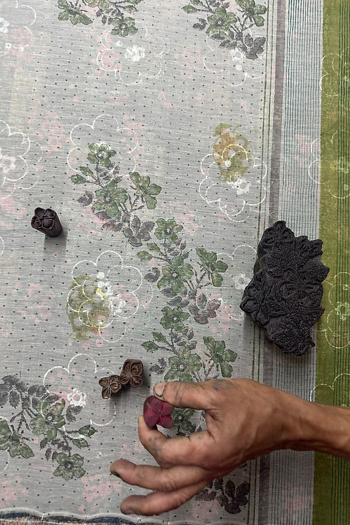 English Green Mul Chanderi Block Printed Dupatta by AAMRASS at Pernia's Pop Up Shop
