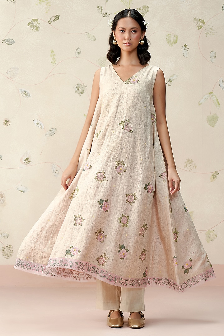 Beige Pure Linen Hand Embroidered A-Line Kurta Set by AAMRASS at Pernia's Pop Up Shop